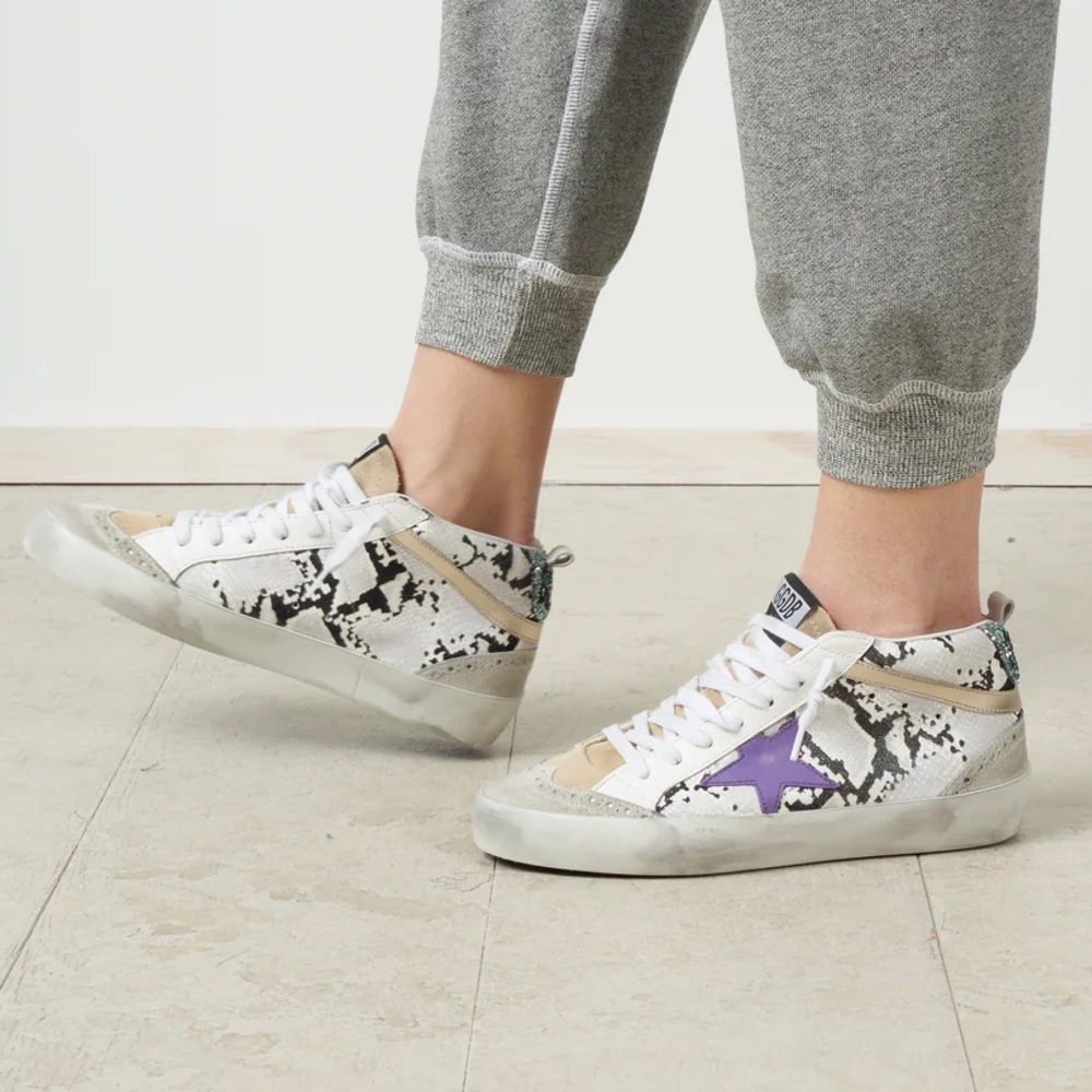 Golden Goose Women's Snake-Print High-Top Sneakers with Purple Star